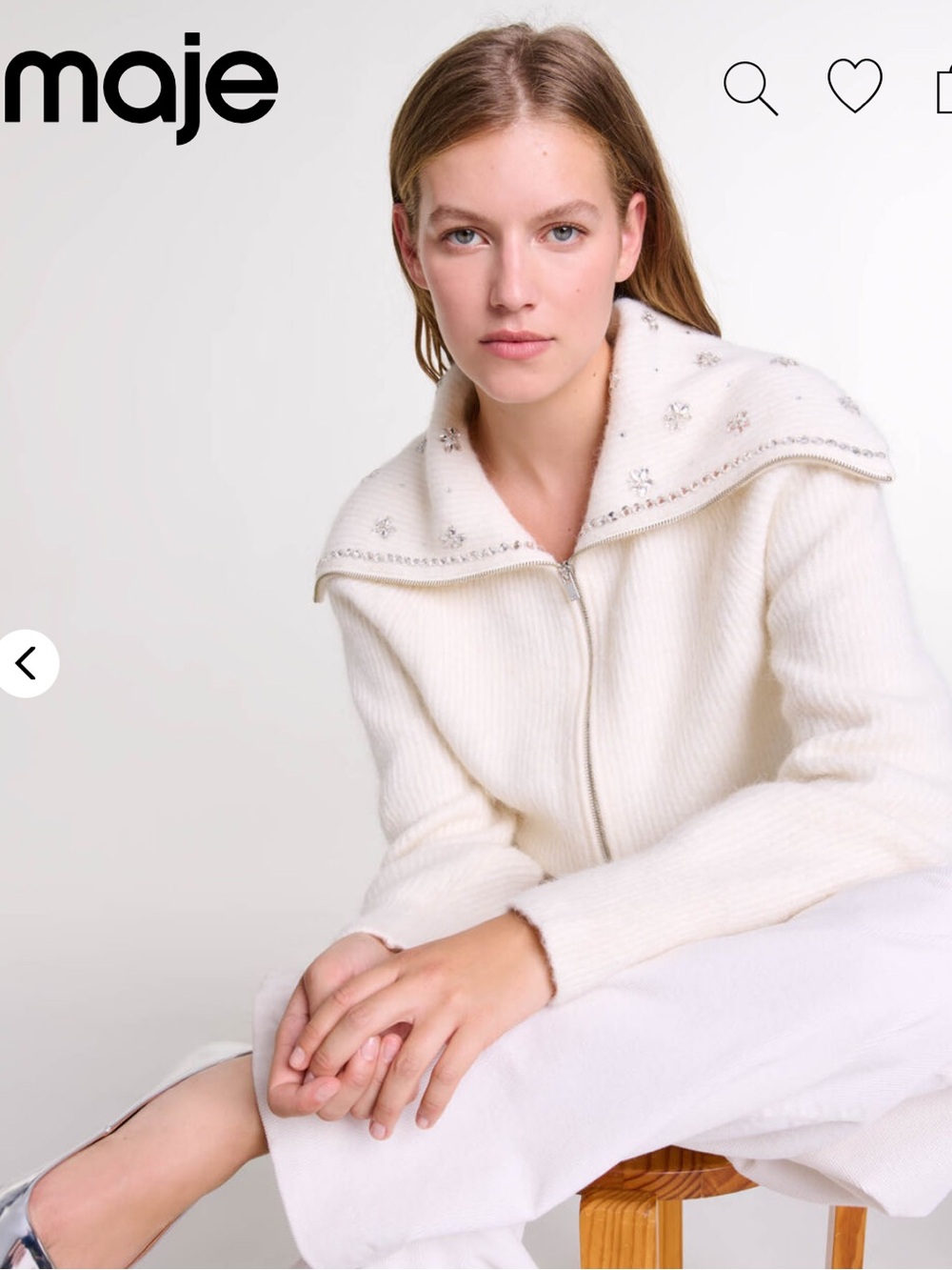 Maje Cream Zip-Up Cardigan with Jeweled Collar